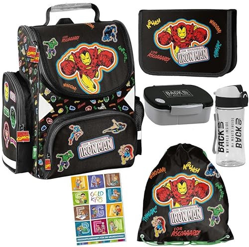 Goldkids Avengers Marvel Schulranzen Set ergonomischer Ranzen Federmappe Turnbeutel Trinkflasche Brotdose Aufgabenheft für die Grundschule 6er Set. Geeignet ab der ersten Klasse der Grundschule.