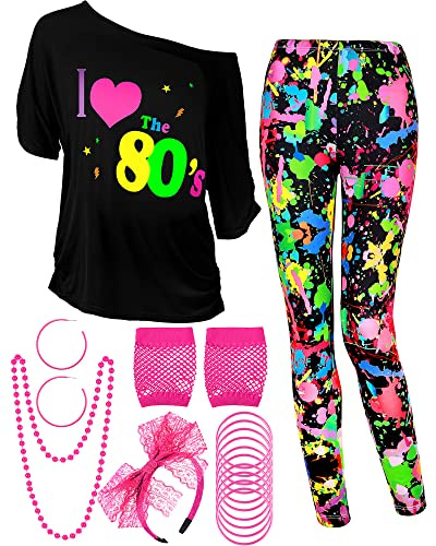 Blulu 80er Jahre Damen Kostüm Set, T Shirt, Legging Hose Ohrring Halskette Handschuhe Armband
