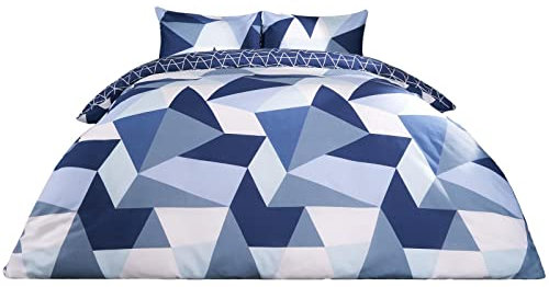 Dreamscene Geometric Shapes King Duvet Cover Set with Pillowcases, Soft Comfy Breathable Polycotton, Quilt Covers Bedding Set, Lightweight Non-Fading, Navy Blue - 225 x 220cm