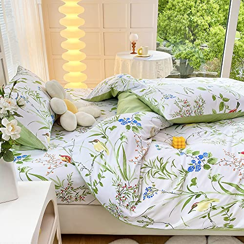 Luofanfei Bettwäsche Set 200x220 Weiß Grün Blätter Pflanzen Blumen Pflanzen Bettwäsche Doppelbett Vögel Botanisch Microfaser Bettbezug und Kopfkissenbezüge 80x80cm mit Reissverschluss