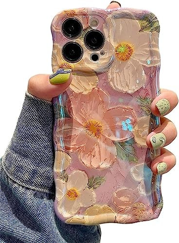 EYZUTAK Case for iPhone 14 Pro Max, Colorful Retro Oil Painting Flower Laser Beam Glossy Pattern Cute Curly Wave Border Exquisite Phone Cover Stylish Durable TPU Protective Case for Girls Women - Pink