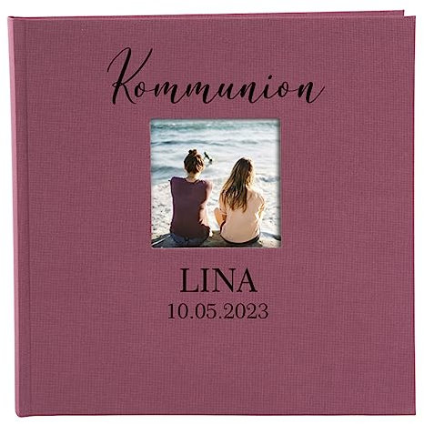 AWASG Fotobuch zum selbstgestalten einkleben mit Name | Fotoalbum 25x25 cm personalisiert mit Wunschtext | Album aus Leinen 60 Seiten weiß | Kommunion Hochzeit Taufe & Co. (beere)