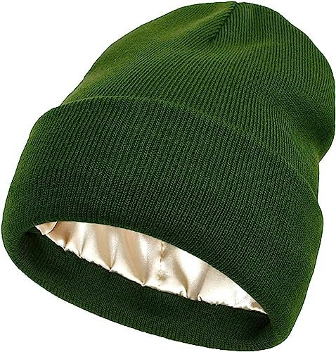 Yixda Damen Winter Beanie Mütze Satin gefütterte Warme Strickmütze Slouchy Skull Cap (Grün)