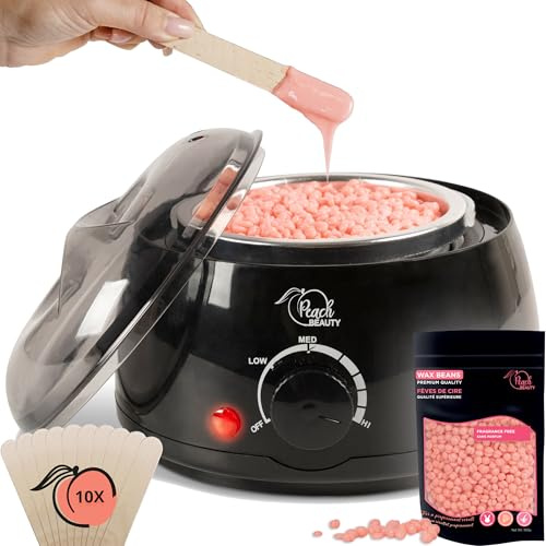 Peach Beauty® Wachswärmer | Waxing Set mit 100 g Wachsperlen | 40 W | Mit Aluminiumtopf, 100 g Wachsperlen, 10 Holzspateln, Temperaturregler bis 100 °C und 125-cm-Kabel