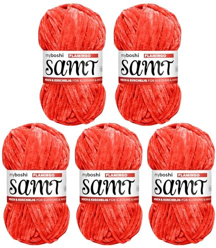 myboshi Samt Wolle zum Häkeln und Stricken, weiche Chenille Wolle im XXL-Knäuel, perfekt für Amigurumi und Kissen, 100% flauschige Polyester, 100g, Ll 100m Orange (Flamingo) 5 Knäuel