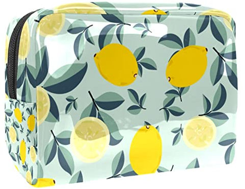 Beauty case da donna, con motivo a foglie di limone, frutta, limone, foglie, trousse da viaggio, grande, in PVC, con cerniera, Multi, 18.5x7.5x13cm/7.3x3x5.1in, Beauty case