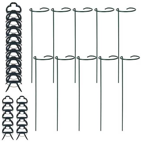 10 Pezzi Paletto per Piante da Giardino in Metallo, Pali di Supporto de Stelo Singolo per Piante, Pali di Sostegno della Pianta, Palo con 20 Clips per Fiori Rose Verdura Rampicanti