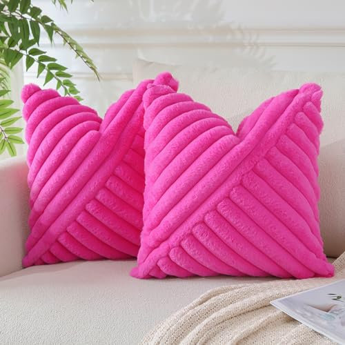 JOTOM Housses de Coussins en Peluche en Fausse Fourrure Décoratif Canapé Taie d'oreiller à Rayures Doux Decoration pour Maison Salon Chambre Décoration 45x45cm Lot de 2 (Rose Vif)