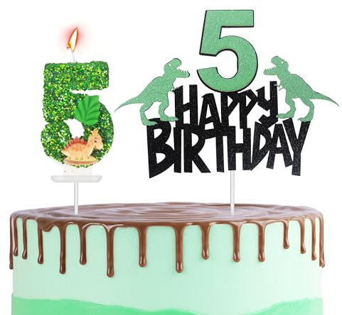 Dinosaur Cake Topper with Number Candle & 5 Dino Candles - Happy 5th Birthday Dinosaur Theme Party Cake Decorations