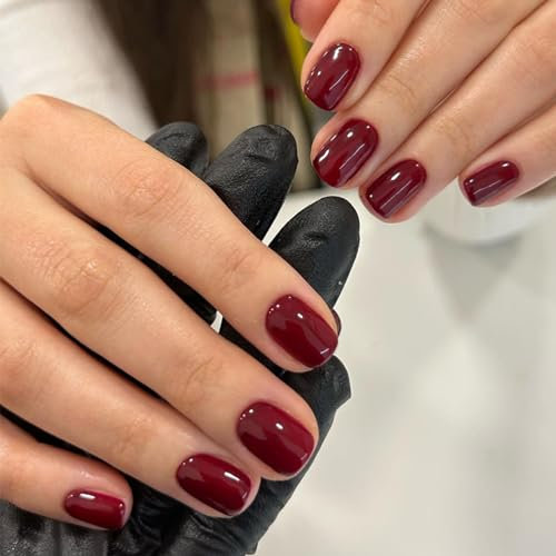 Short Fake Nails, 24Pcs Wine Red False Nails Square, Burgundy Press on Nail Stick on Nails, Solid Colour Nail Tips with Glue for Women Girls Nail Art(Red)