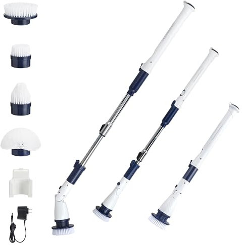 Casabella Power Spin Scrubber, Extendable to 47.5” – Cordless Electric Cleaner for Shower, Kitchen, Bathroom, Tile, Tub, Car, Deck - Rechargeable Spin Brush with Adjustable Brush Head & 4 Attachments