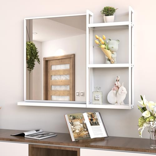 ANYHI Metal Framed Wall Mirror With Storage, 78x62 CM White Metal Modern Rectangle Bathroom Wall Mirror with Shelf for Vanity, for Bathroom, Bedroom, Entryway