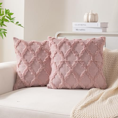 Ci & Ci 2er Set Boho Deko Kissenbezug 45x45 cm, Rosa Kissen Sofakissen Dekokissen Zierkissen, Flauschig Kissenbezüge Kissenhülle für Sofa Couch