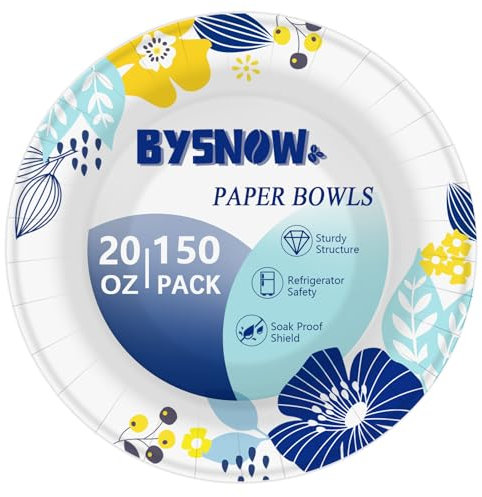 BYSNOW 150 Packs Paper Bowls, 20 oz Disposable Bowls, Heavy Duty Paper Bowls for Hot Soup and Salad, Bulk Bowls for Party and Picnics