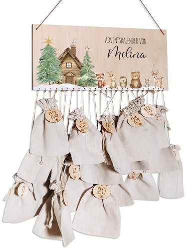 Bärenfreunde® - Personalisierter Adventskalender zum selber befüllen - mit kinderfreundlichem Druck auf Holz - mit Juteschnur Jutesäckchen und Holzzahlen (Waldtiere Winterhütte)