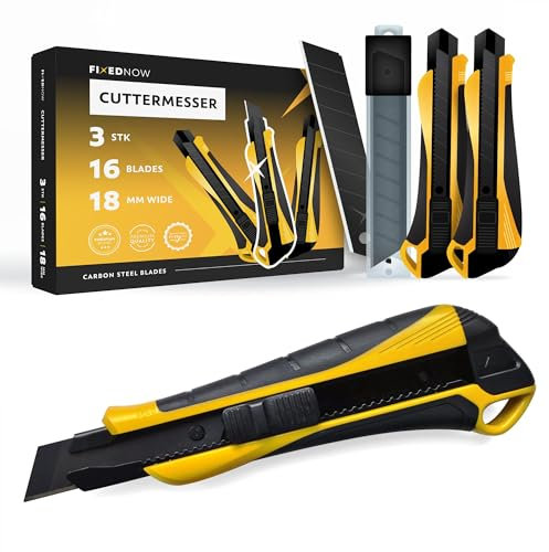 FixedNow 3 x Cuttermesser Profi 18mm set + 16 extra scharf ersatzklingen aus Japanischer Carbonstahl | Cutter Messer | Teppichmesser Profi | Utility Knife | Kater | tapetenmesser metall