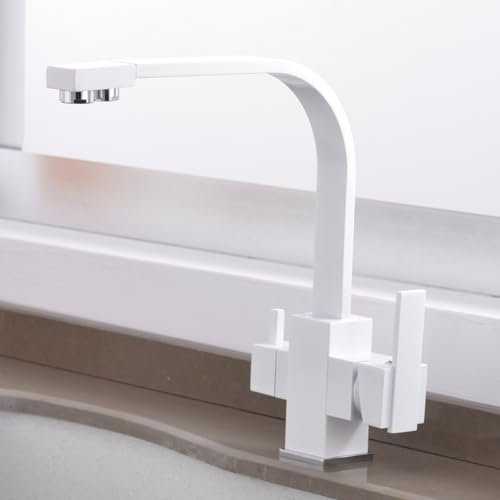 Grifo Cocina 3 Vias Blanco Grifo para Osmosis para Agua Potable Giratorio a 360° Grifo para Fregadero de Cocina con Osmosis con Palanca Doble