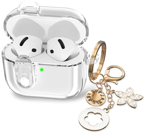 RFUNGUANGO Klare Schutzhülle für süße Apple Airpods 4 Schutzhülle 2024 Damen, weiches TPU klar mit Sperrfunktion, Mädchen glänzender Schlüsselanhänger - Weiß