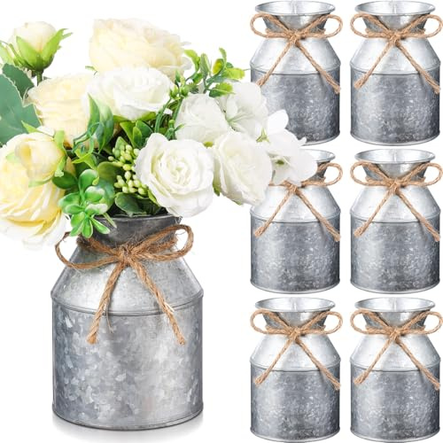 Domensi 6 Pcs Farmhouse Metal Flower Vase Wedding Decor Bulk Rustic Galvanized Milk Can Jug Vase with Bow Flower Bucket for Table Centerpiece Valentine Home (5.12 Inch,Iron Color)