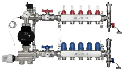 ENVIRON- Heizkreisverteiler [2-12 Heizkreise] mit Festwertregelset, Kugelhahn Set und Schnellentlüfter Set | Hocheffizienzpumpe (Environ Ecocirc 25/6, 5 Heizkreise)