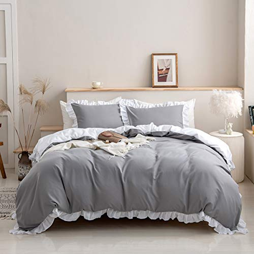 Wende-Bettwäsche-Set mit Rüschen, 155 x 220 cm, Grau und Weiß, 100 % Mikrofaser, inklusive 1 Kissenbezug 80 x 80 cm, elegantes Blumenmuster für Mädchen und Frauen