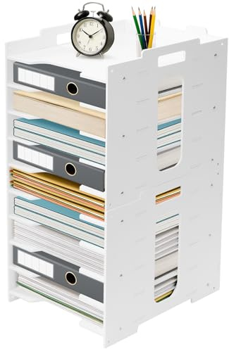 Office Filing Trays Holder with Pen Holder Letter A4 Paper Desk Organiser Desktop File Holder Stackable Document Storage Rack for Home Office School (White, 10-tier)