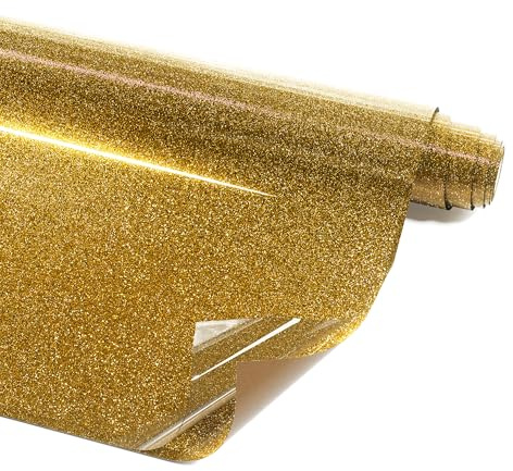 LIKCUT 12 x 15FT Gold Glitter Heat Transfer Vinyl – HTV for DIY Clothes | shinny surface, Weeds easily, Strong fabric adhesion, Washable with no peeling, For T-shirts, bags, & more, Long-lasting