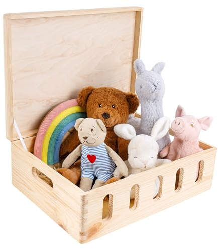 Creative Deco XL Large Plain Wooden Storage Box | 40 x 30 x 14 cm (+/-1 cm) | with Cut Slots & Hinged Lid | Unpainted Gift Easter Box | ROUGH UNSANDED Wood Keepsake Memory Craft Chest