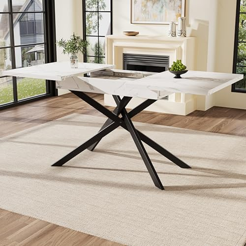 Table à manger télescopique 120-160 cm, extensible, avec pieds en fer noir, table marbrée blanche pour cuisine et salon, peu encombrante, pour 6 à 8 personnes