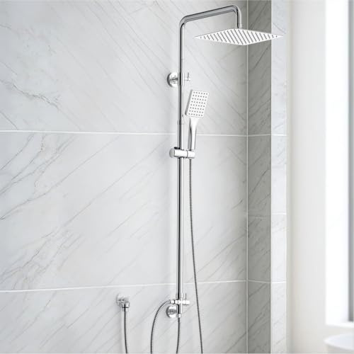 SunCleanse Shower Riser Rail Kit 25x25 cm Square Overhead Rainfall Chrome | Brass Diverter, High Pressure Handheld, Adjustable Height, Ideal for Small Bathrooms, Ensuites, Easy Install