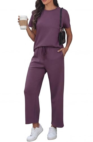 GRECERELLE Airport Two Piece Travel Outfits Set for Women Summer Short Sleeve Casual Crew Neck Tracksuit Womens Full Set Cap Sleeve Tops and Jogging Bottoms with Pockets