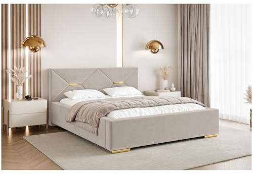 MEBLINI Lizzy Polsterbett 180x200 mit Stauraum - Lattenrost und Bettkasten - Kopfteil Bett mit Stauraum - Doppelbett - Stauraumbett - Betten - 180x200 - Beige Samt/H3 Matratze