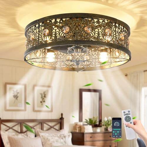 Ganeed Caged Ceiling Fans with Lights Vintage Victorian Rustic Crystal Fandelier Low Profile Flush Mount Ceiling Fan with Light and Remote for Bedroom Kitchen Dining Room Bronze 4 Lights