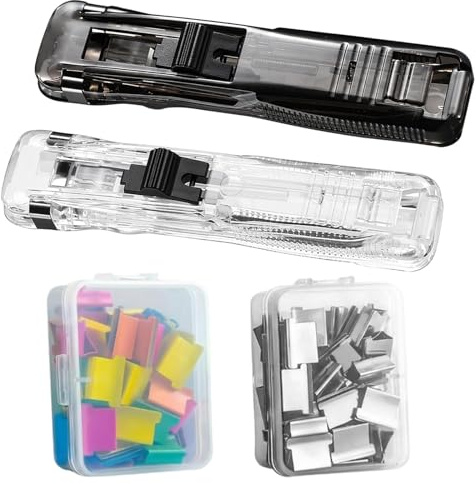 2 Stück Tragbarer Tacker,102-teiliges Büro Set mit 50 farbigen & 50 silbernen Binder Clips, Klammerloser Hefter ohne Klammern,Geeignet für Büro, Schule & Zuhause