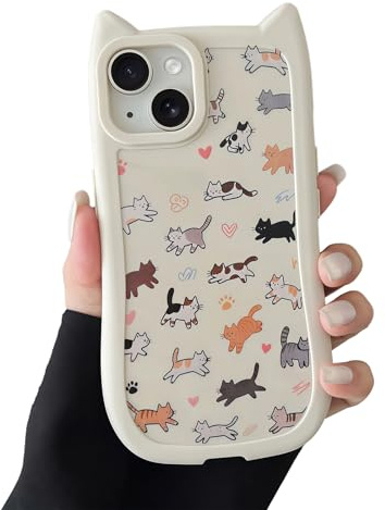 VCGFJD for iPhone 15 Phone Case, Cute 3D Cat Ears with Cat Paw Buttons, Vintage Hand-Drawn Multi-Cat Cartoon Pattern, with Hearts & Paw Prints, Shockproof Soft Protective Cover, Cat Ears
