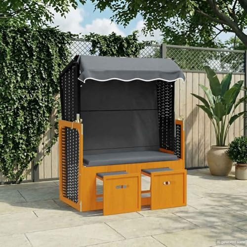 Drillkyn Strandkorb mit Dach Poly Rattan und Massivholz Anthrazit Schwarz Natur 115x55x133-156 cm mit Verstellbarer Rückenlehne und ausziehbaren Fußhockern für Garten Terrasse Balkon und