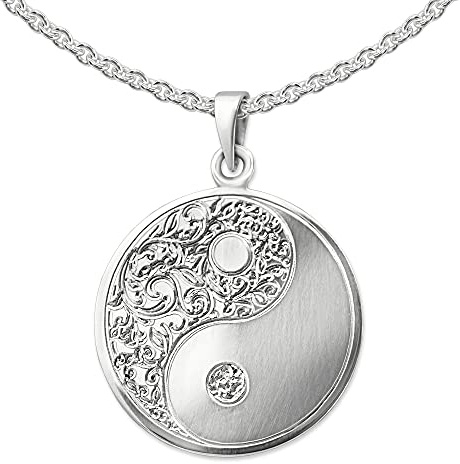 CLEVER SCHMUCK Yin Yang Halskette Anhänger rund 20 mm Ø elegantes florales Muster Erbskette 42 cm 925 Sterling Silber im Schmucketui creme