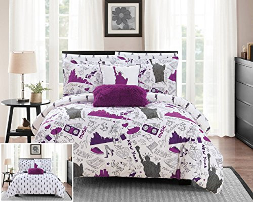 Chic Home Liberty Wende-Bettwäsche-Set, 9-teilig, New-York-inspiriert, bedrucktes Design, Bett- in Einer Tasche, Set mit dekorativen Kissenbezügen, inklusive Größe, voll, Violett