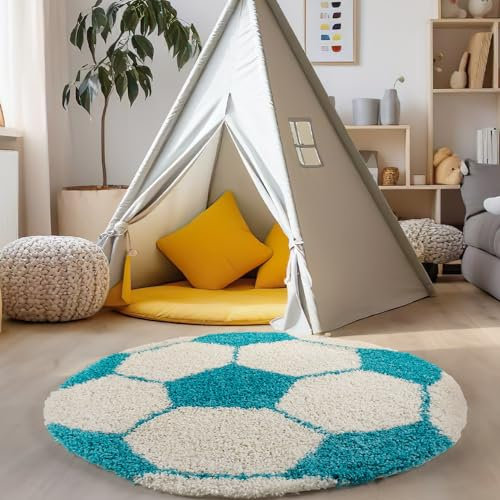 Carpettex Kinderteppich Fußball-Design Türkis 120 cm Rund - Hochflor Teppich Kinderzimmer für Mädchen und Jungen Super Weich Flauschig - Runder Spielteppich Babyteppich Gaming Teppich Babyzimmer