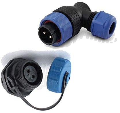 Coppia connettore 2 poli giunzione IP68 da pannello stagno impermeabile 30A SP21 maschio volante angolare 90° e femmina da pannello con tappo di protezione