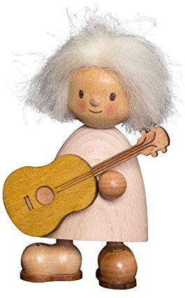 Kuhnert Drechslerei Dekoration/Holzfigur aus Massivholz mit Schafwollfrisur - Finn & Finja - Motiv: Finn mit Gitarre - Höhe: ca. 9cm - Made in Germany