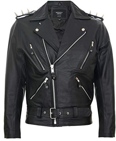 Infinity Leather Giacca da Motociclista Cavaliere Fantasma Spikes retrò in Pelle Sintetica Brando con Rivestimento in Fringe da Uomo XS