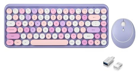 Perixx PERIDUO-713PP Wireless Mini Keyboard and Mouse Combo - Retro Round Key Caps - Pastel Purple - US English Layout (PD-713PPUS-11953)