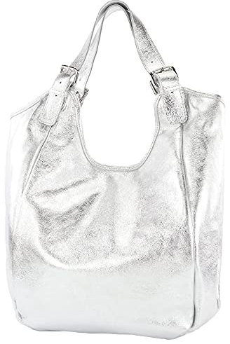 modamoda de T227 Damen Shopper Schultertasche Leder Large handmade in Italy, Farbe:Silber-Metallic