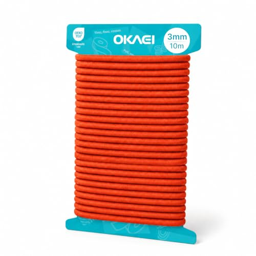 Okaei Gummikordel 3mm x 10m - Hochwertiges Gummiseil in Orange, Flexibles Gummiband/Hutgummi/Rundgummi - Ideal für DIY Projekte und Handwerk
