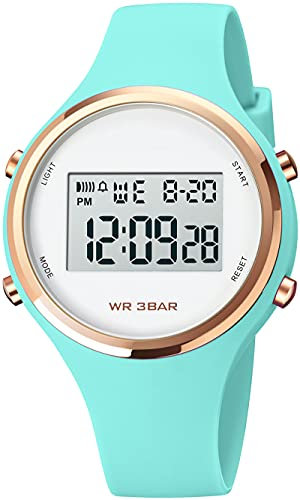 Uhren Damen Digitale Armbanduhr Frauen Kinderuhr Mädchen Multifonktion Damenuhr Digital Silikon Armband mit Licht Alarm Stoppuhr Rosegold