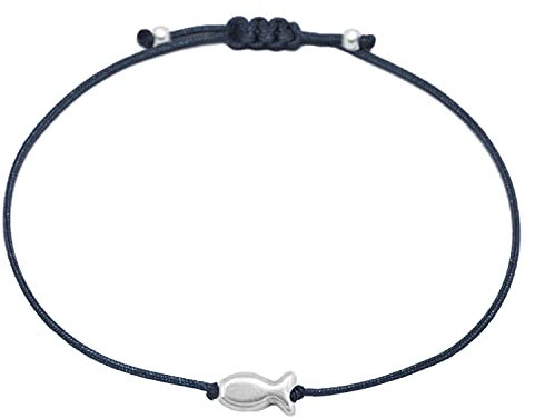 Selfmade Jewelry Armband Damen Silber Fisch Größenverstellbares Makramee-Armkettchen mit Fischchen Handmade Inkl. Geschenk-Verpackung (Silber - Dunkelblau)