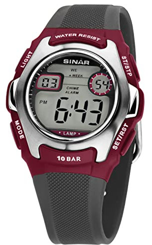 SINAR Mädchen-Armbanduhr Jugenduhr Sportuhr Outdoor Digital Quarz 10 bar mit Resinarmband und Licht Anthrazit Dunkelrot Silber XE-50-9