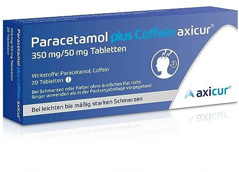 Paracetamol plus Coffein axicur 350 mg / 50 mg Tabletten, bei Schmerzen, rasche Linderung von Kopfschmerzen, Zahnschmerzen, Regelschmerzen durch die Kombination von Paracetamol mit Coffein, 20 St