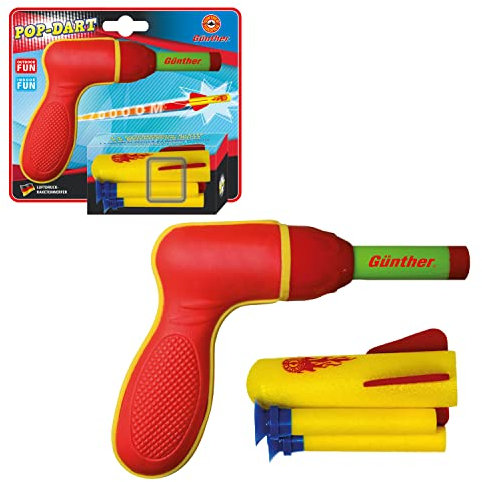 Günther Flugspiele 1542 - Raketenspiel Pop Darts, ca. 12 x 15 cm, Wurfspiel mit 1 Schaumstoff-Rakete und 2 Soft Darts, Raketen Spielzeug für Kinder ab 4 Jahren, inkl. Abschusspistole
